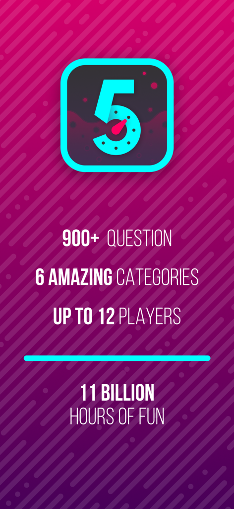 Screenshot of the 5 Second Rule app showing features like 900 questions 6 categories and support for 12 players