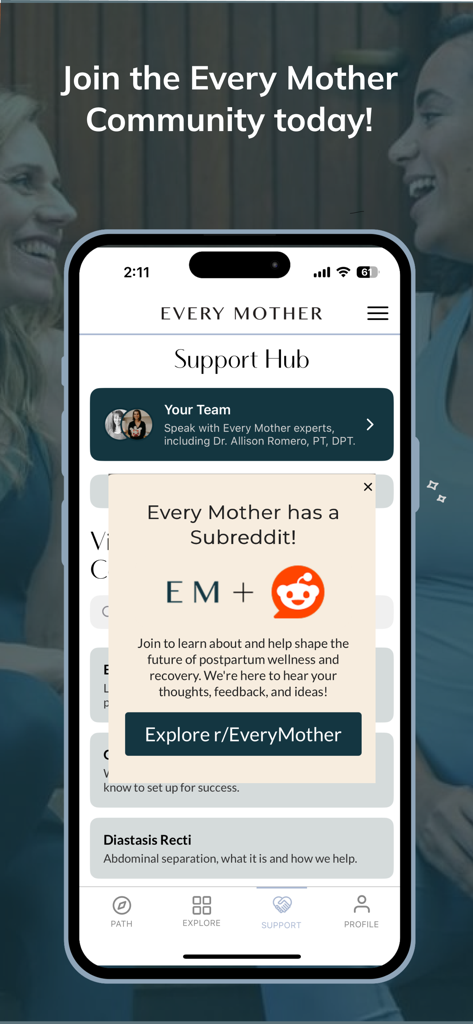 Every Mother app Support Hub screen showing an invitation to join the community Subreddit