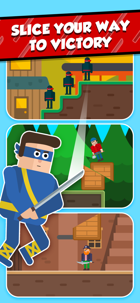 A ninja character slicing through platforms to defeat enemies in the mobile game Mr Ninja Slicey Puzzles