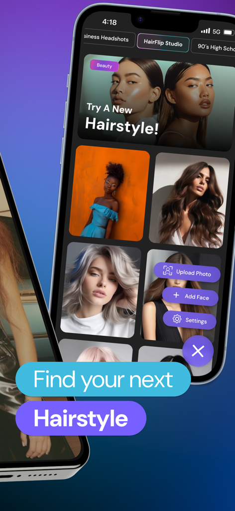 A mobile interface of the FaceFlip AI app showing the HairFlip Studio feature with various models and hairstyles to try on