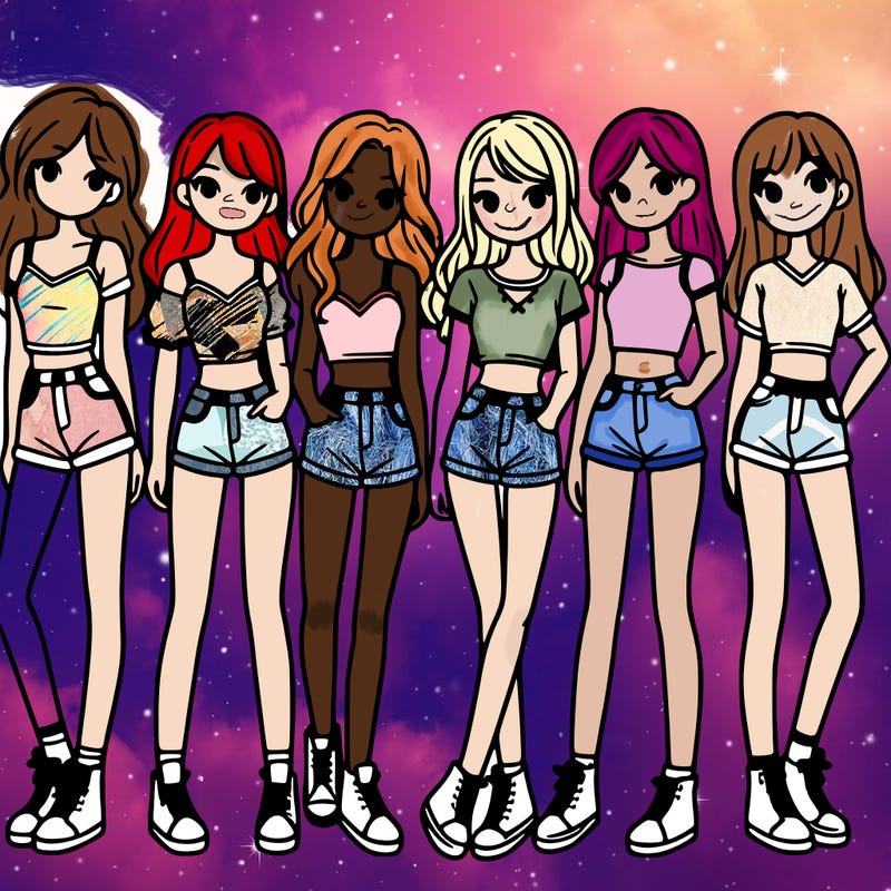 a group of girls wearing crop tops and shorts
