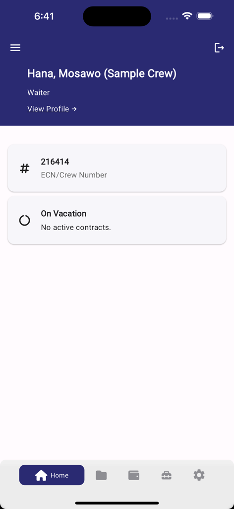 MSC Crewing Services - Home screen of the MSC Crewing Services app displaying seafarer profile information and vacation status
