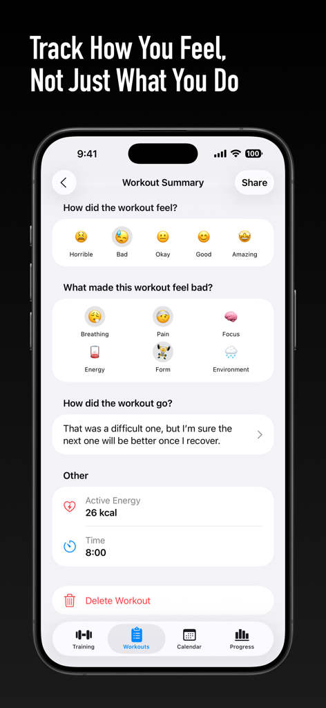 Pushup Tracker: Club Pushanova - 운동 요약 화면에 이모티콘 기반의 기분 추적 및 신체 피드백 옵션이 표시됩니다