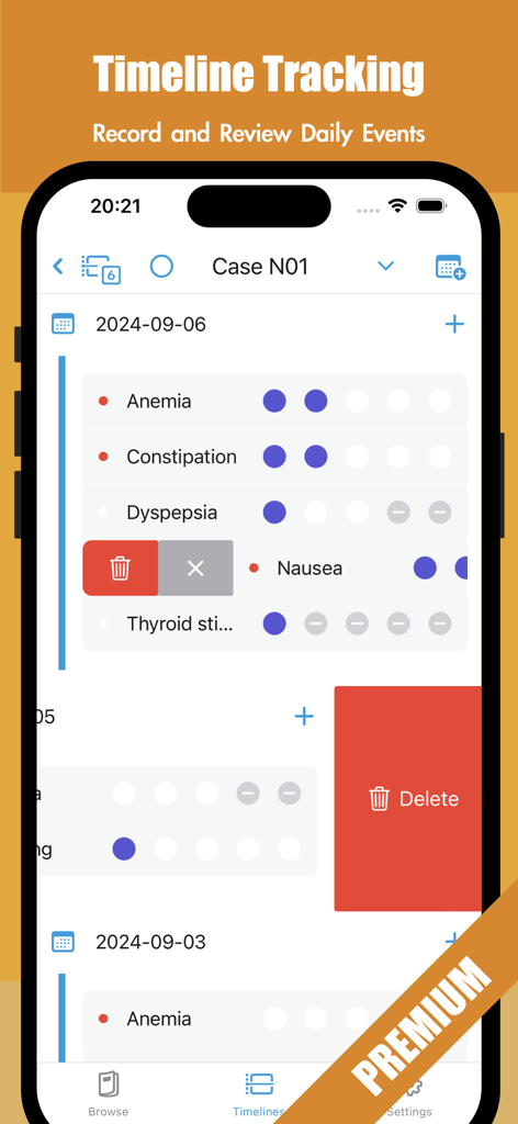 Interface of the CTCAE 5 Pro app displaying a chronological timeline of patient adverse events including anemia and nausea