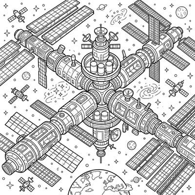 Embark on an interstellar art journey with this incredibly detailed space station coloring page. Featuring complex modules and solar arrays, it promises an engaging creative escape for space enthusiasts of all ages.