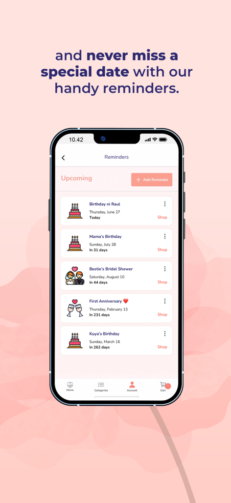 FlowerStore.ph Flowers & gifts - Smartphone screen showing the FlowerStore.ph app reminders for upcoming birthdays and anniversaries.