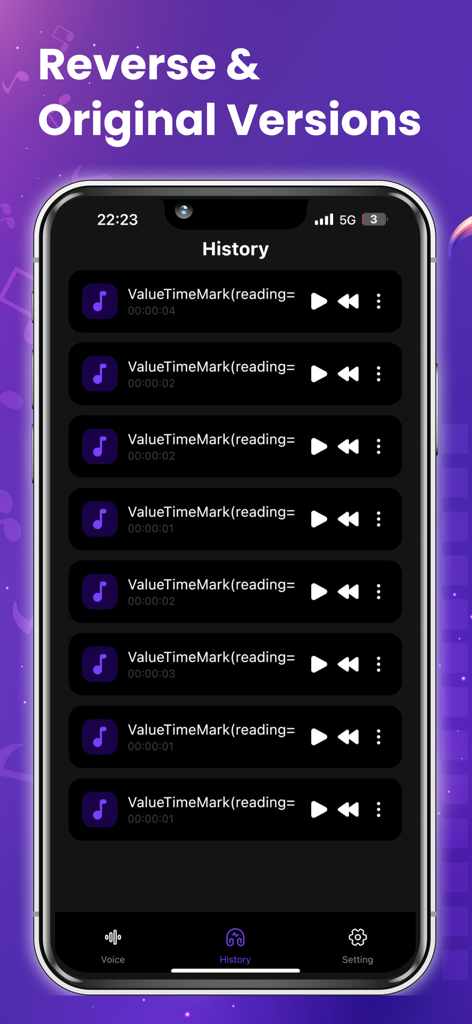 AI Reverse Audio - Eine Liste gespeicherter Sprachaufnahmen auf dem Verlaufsbildschirm der AI Reverse Audio App.