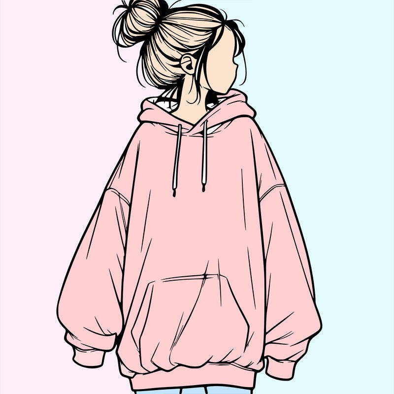 realistic girl with a oversized sweatshirt on and a bun