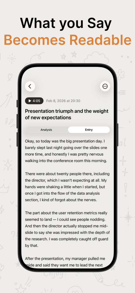 Voice Journal & Diary: Talklog - L'interface de l'application Talklog affichant un enregistrement vocal transcrit en une entrée de journal texte lisible.