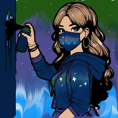 realistic girl with mask spray painting a wall