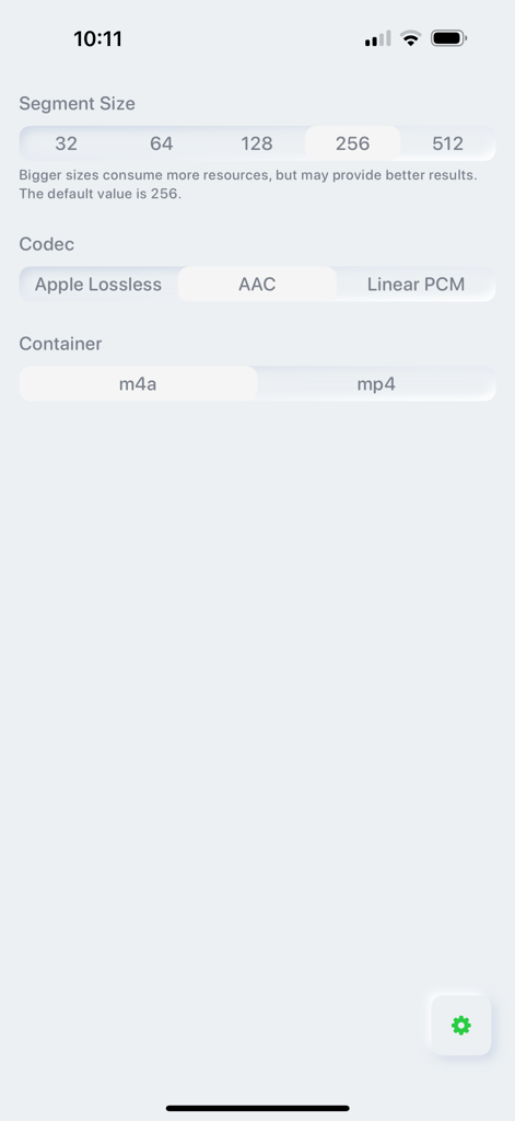Settings screen of the VocalRemover app displaying segment size options and audio codec selections like AAC and Apple Lossless