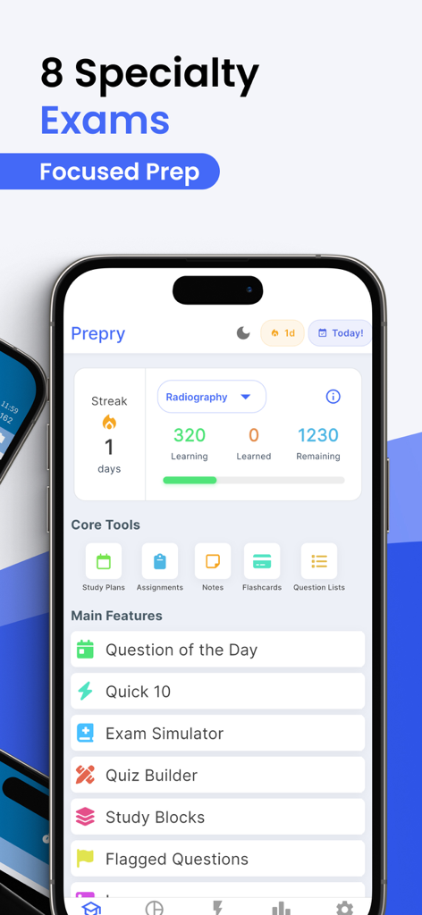 Prepry - Radiography Exam Prep - Prepry app dashboard for radiography exam preparation with specialty exam tools and progress tracking
