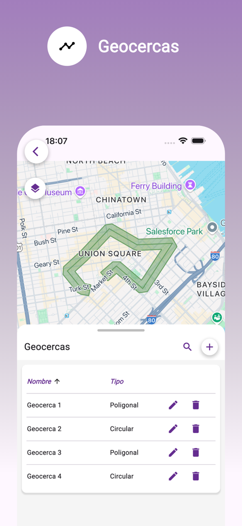 SECURETECH GPS tracking app interface showing a map with a polygonal geofence zone and a list of saved locations.