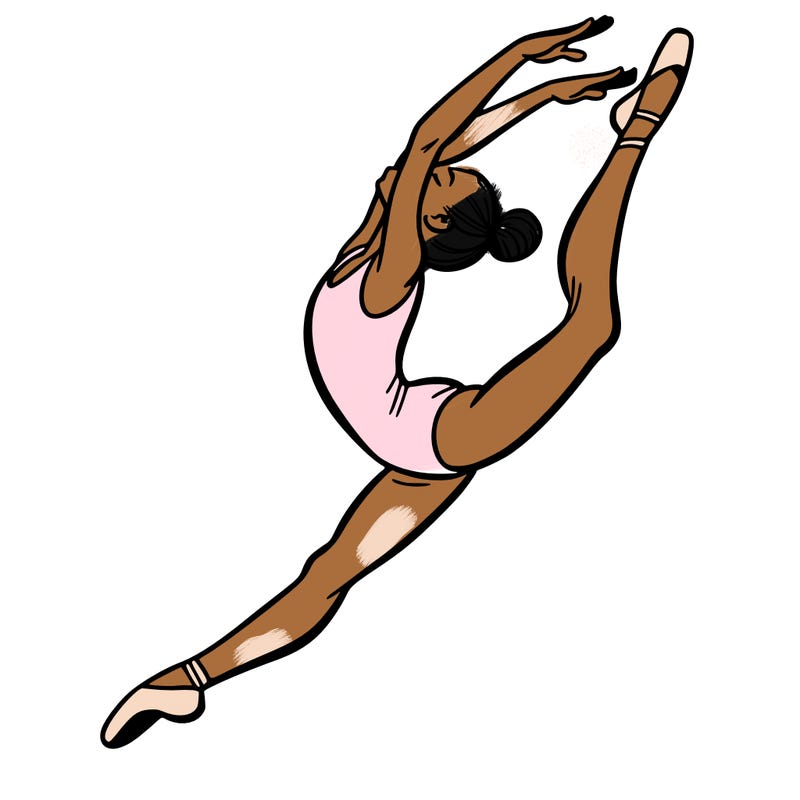 gymnast doing a leap in a leotard with a bent back leg