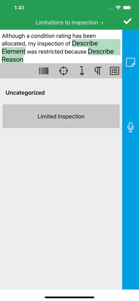 GoReport Survey - GoReport Survey app interface for documenting inspection limitations and report templates