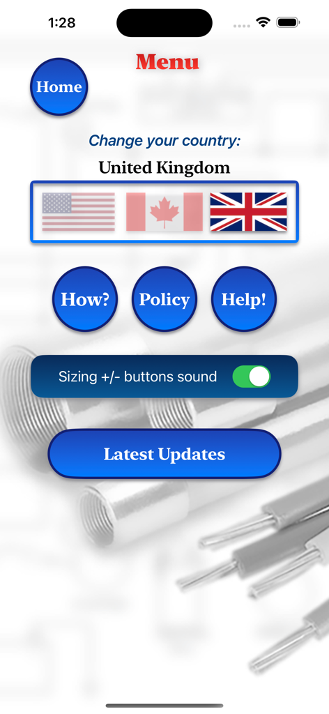 Conduit Filler - Conduit Filler app menu screen showing country selection for electrical standards in USA Canada and UK