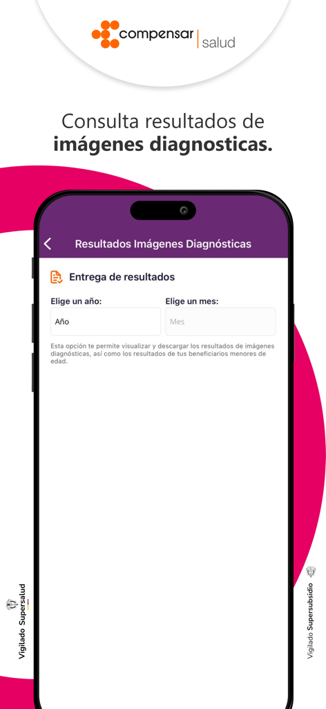 Compensar Salud - Interface mobile de l'application Compensar Salud pour accéder aux résultats d'imagerie diagnostique.