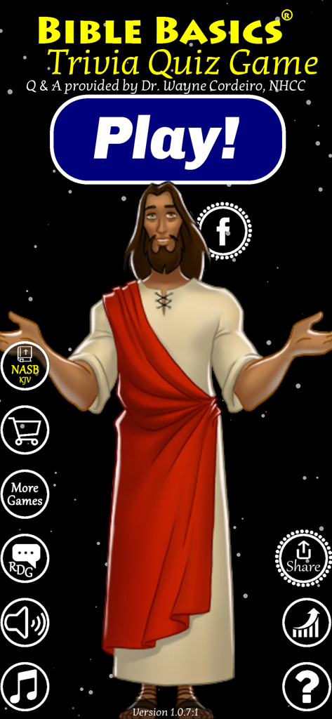 Home screen of the Bible Basics Trivia Quiz Game with a Play button and an illustration of Jesus.