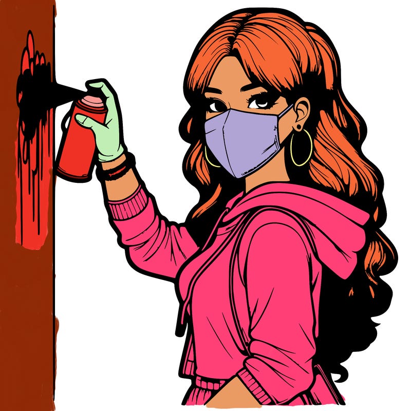 realistic girl with mask spray painting a wall