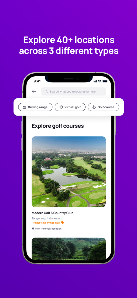 Swing - Multisport App - Swingモバイルアプリのインターフェース。ゴルフコースの探索と予約用