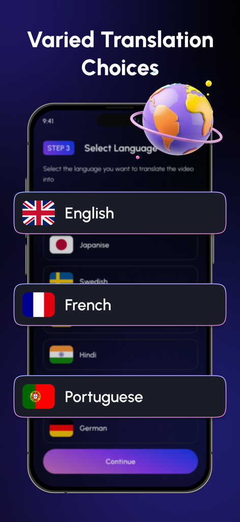 Dub AI – Video Translator App - Interface do Dub AI mostrando várias opções de seleção de idioma para tradução de vídeo, incluindo inglês, francês e português.