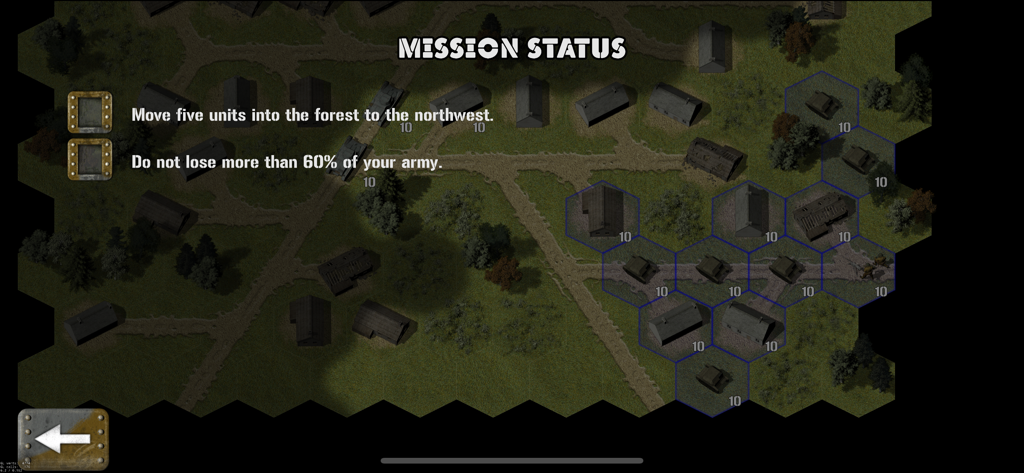 Mission status screen with objectives and hex based tactical map in Tank Battle Blitzkrieg
