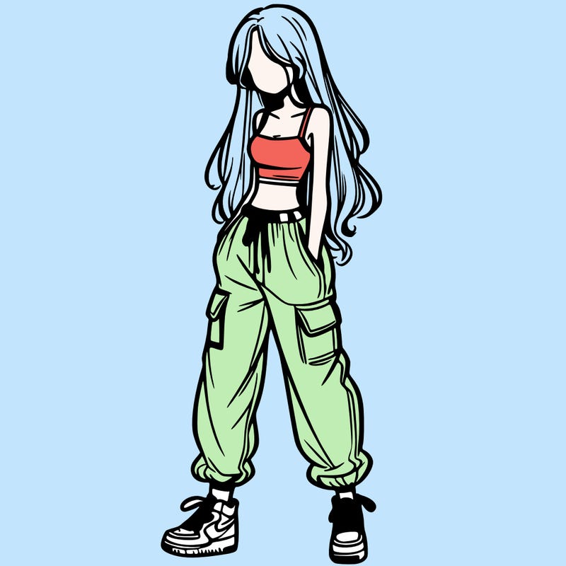 girl in baggy pants crop top and long hair