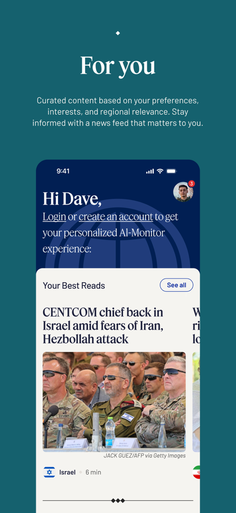 AL-Monitor - Al-Monitor mobile app interface featuring a personalized news feed with curated Middle East geopolitical articles