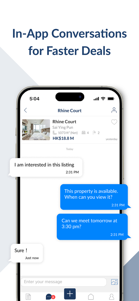 Spacious千居 Lister - Spacious Listerアプリのスクリーンショットに、エージェントとクライアント間の物件リスティングに関するアプリ内チャットインターフェースが表示される