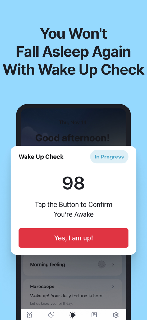 Alarmy mobile app screen displaying the Wake Up Check feature to ensure the user stays awake