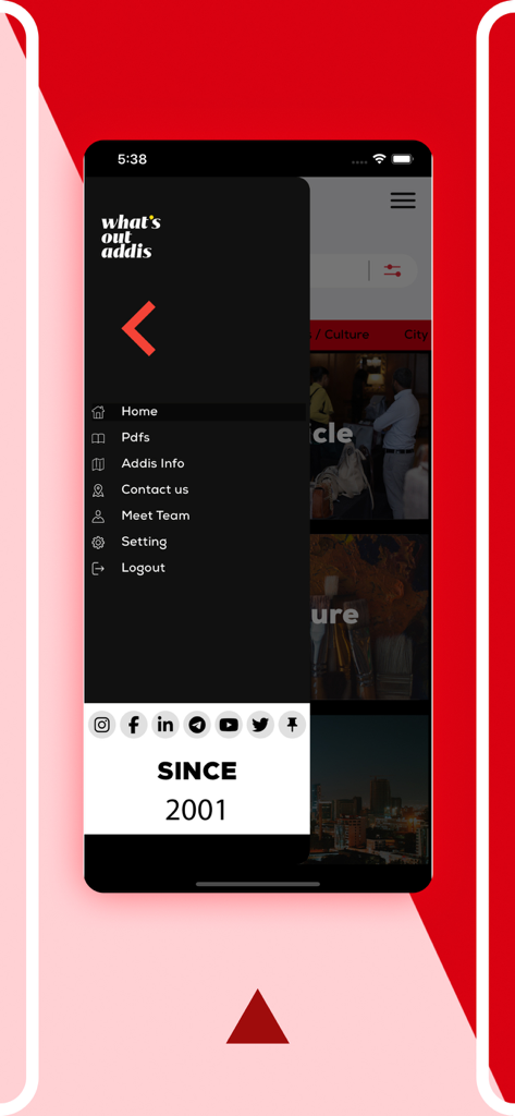 What’s Out Addis - Sidebar navigation menu of the What's Out Addis lifestyle app featuring social media icons and section links