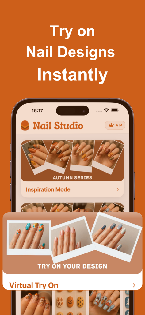 Mobile app interface showing AI-generated nail designs and a virtual try-on feature for manicures.