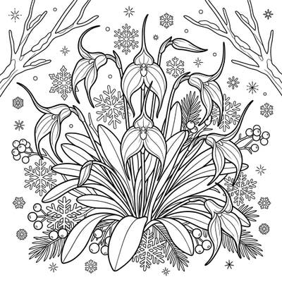 Discover the exquisite beauty of Masdevallia orchids blooming unexpectedly amidst a serene winter wonderland. This enchanting coloring page combines intricate floral details with delicate snowflakes for a truly captivating artistic journey.