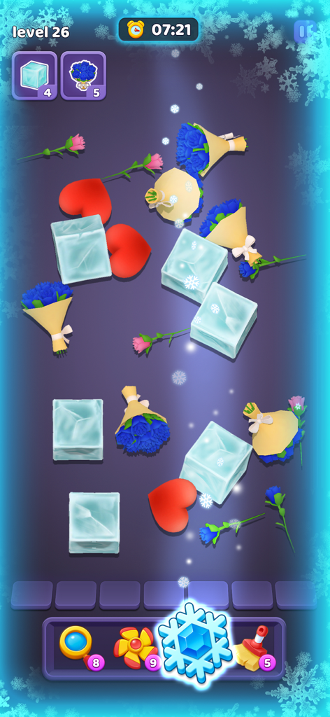 A 3D triple match puzzle level with ice cubes, flower bouquets, and a snowflake booster on a winter-themed background.