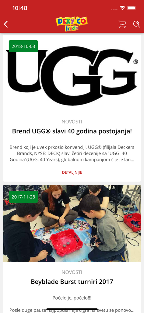Dexy Co - News section of the Dexy Co kids mobile app featuring UGG brand anniversary and Beyblade tournament updates