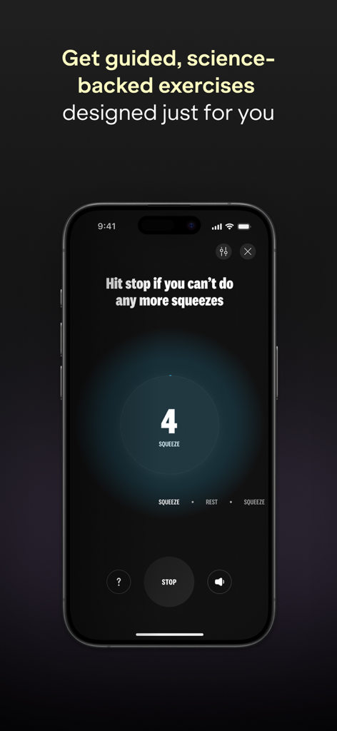 Guided squeeze exercise screen on the Mojo app for sex and relationship wellness