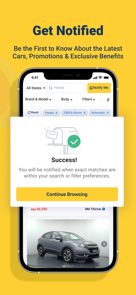 CARSOME mobile app interface showing a success message for setting up car search notifications