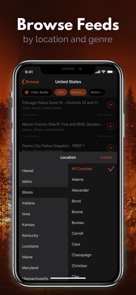 Police Scanner: Fire Radio - Una schermata mobile che mostra la sezione di navigazione dei feed dell'app Police Scanner con un filtro di posizione per stati e contee degli Stati Uniti.