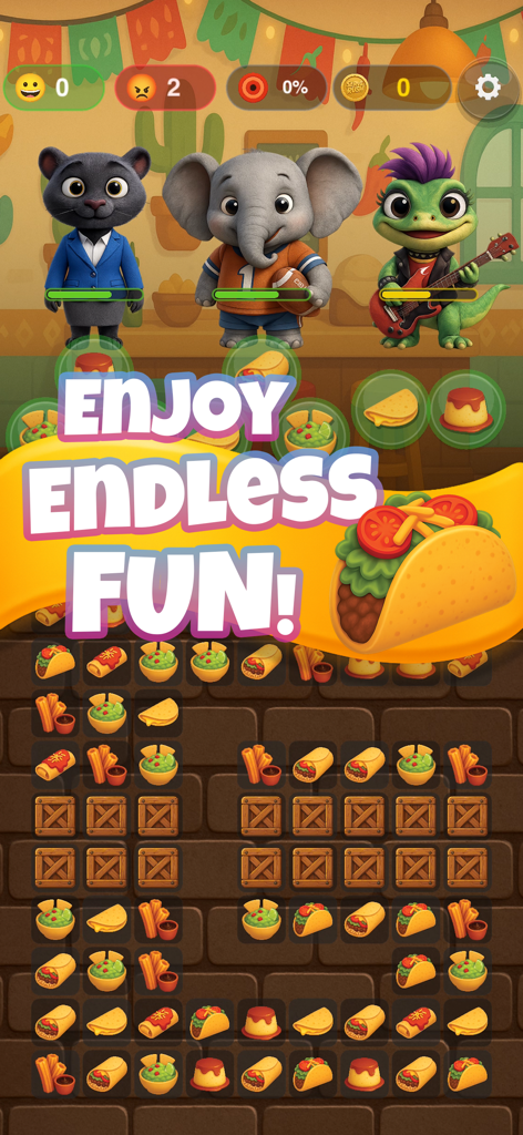 Screenshot di gameplay di Serve Rush che mostra personaggi animali in attesa di ordini di cibo messicano in un livello puzzle Match-3.