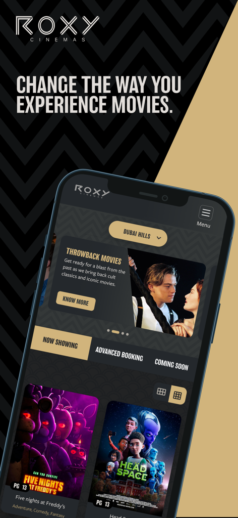 ROXY Cinemas UAE - The ROXY Cinemas UAE mobile app interface showing movie posters and booking options on a smartphone screen