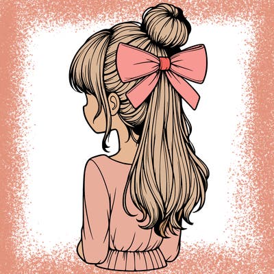 realistic girl  with hip length hair a bun and a big bow on the back of head