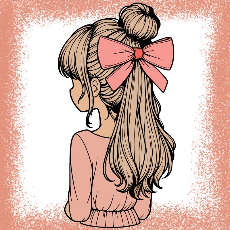 realistic girl  with hip length hair a bun and a big bow on the back of head
