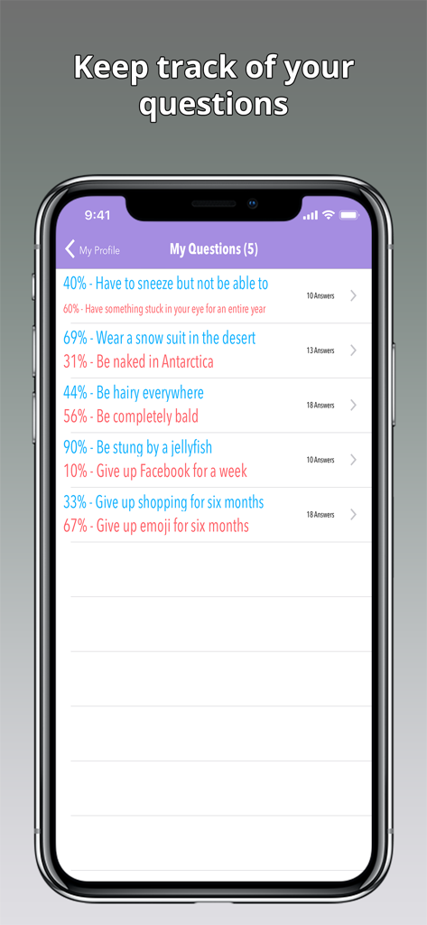 Would You Rather? Viral Game - A screen in the Would You Rather app showing a list of user-created questions and their community voting statistics