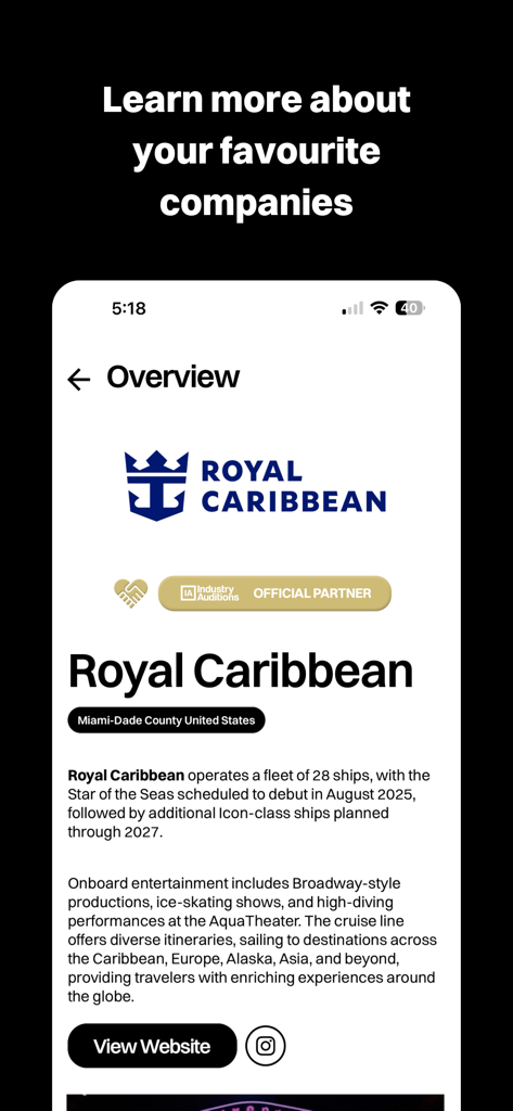 Industry Auditions - Schermata dell'app mobile che mostra un profilo aziendale per Royal Caribbean, inclusi dettagli del settore e collegamenti social