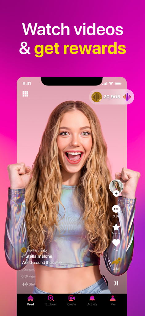 lit.it - Short Video App - Excited young woman using the lit.it app to watch videos and earn reward points