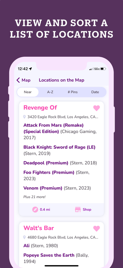 Screenshot of Pinball Map app showing a list of nearby venues and the specific pinball machines available at each location.