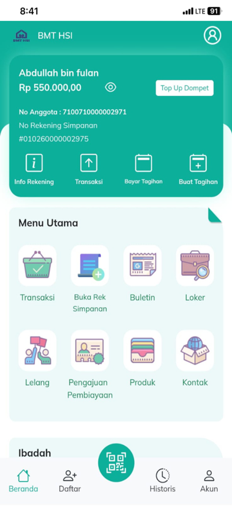LINK HSI - Main screen of the LINK HSI mobile app showing account balance and Sharia finance menu options
