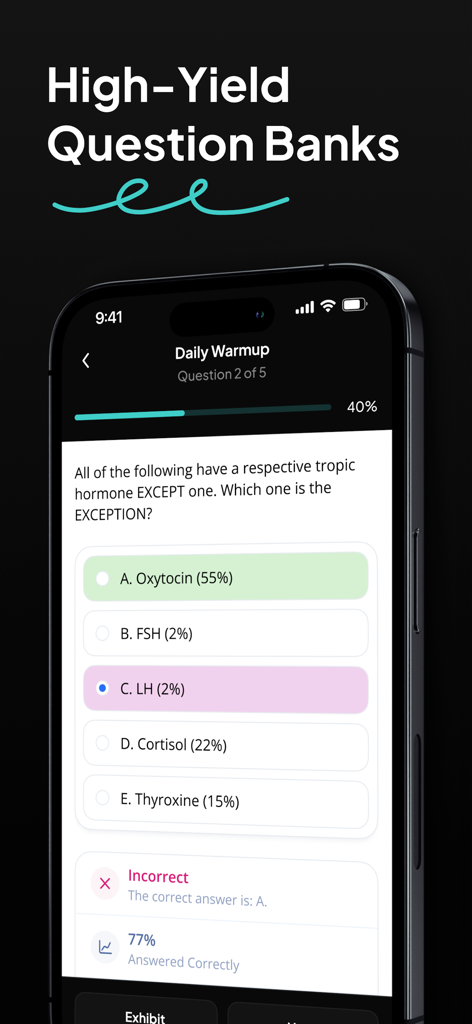 Booster Prep - A mobile interface for Booster Prep showing a daily warmup quiz question about tropic hormones with multiple choice answers and a results feedback section.