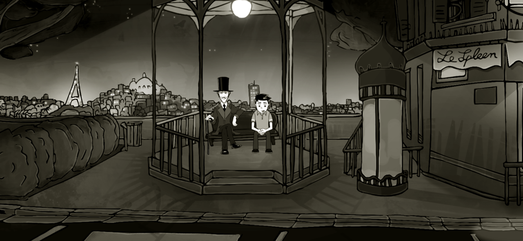 Una escena en blanco y negro del juego Désiré con dos personajes sentados en un mirador con vistas al horizonte de París con la Torre Eiffel.