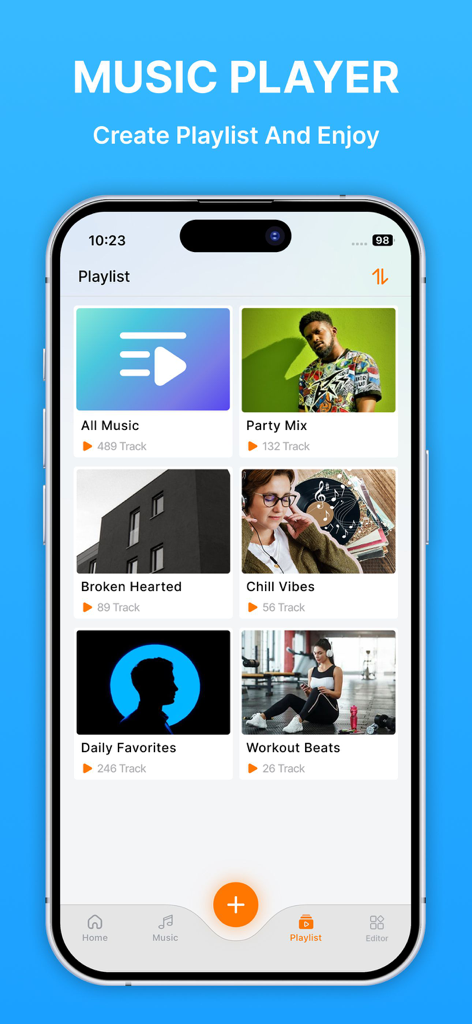 Interface du lecteur de musique de l'application MX Player montrant une collection de playlists organisées, y compris Party Mix et Chill Vibes